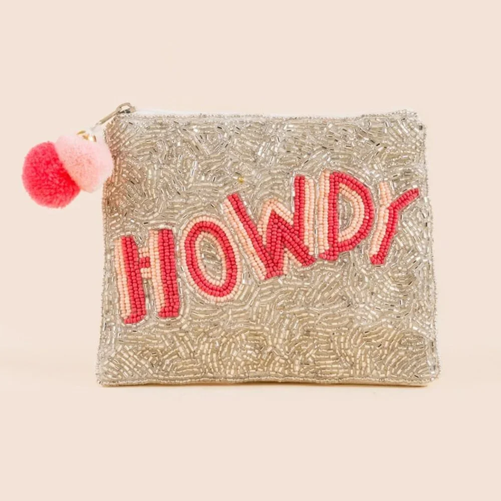Howdy Western Cowgirl Silver Sparkle Beaded Pouch Wallet Bag Pink NEW Gift NWT